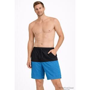OP Mens Colorblock Swim Trunks Black Blue Elastic Waist Pockets Size M